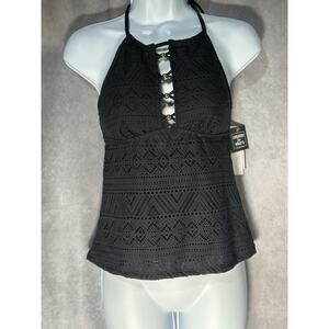 Salt + Cove BLACK Juniors' Crochet High-Neck Tankini Swim Top, Size M